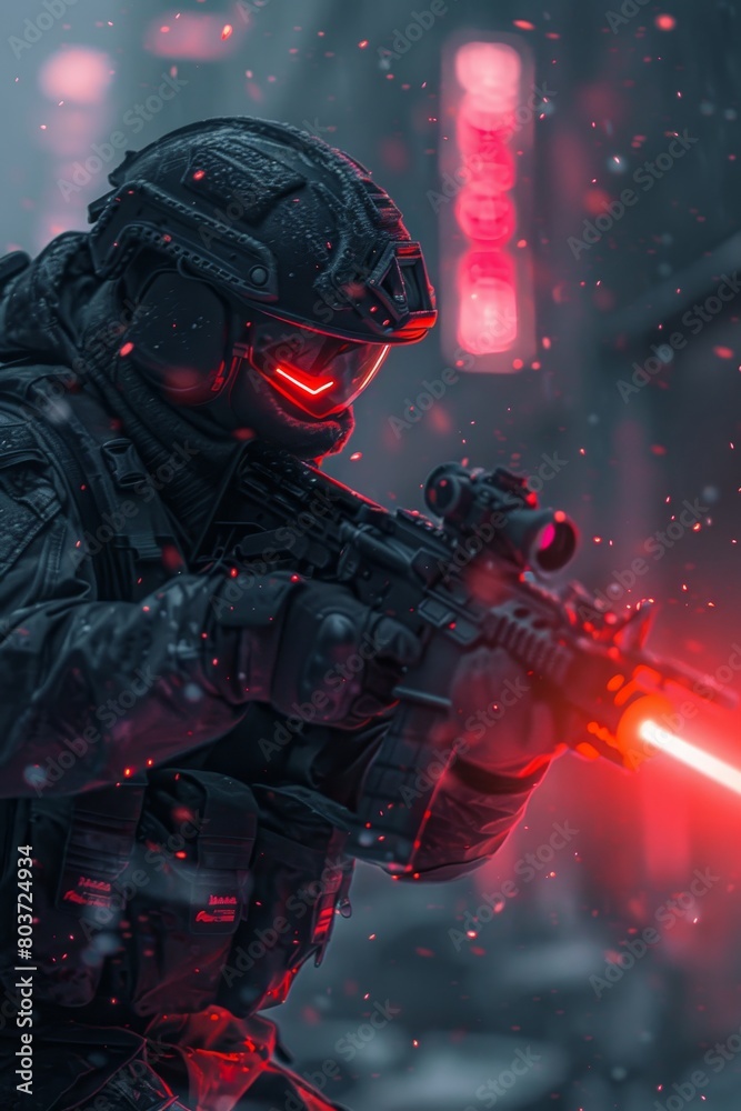 A man in a black uniform is holding a red gun A man in a black uniform is holding a red gun