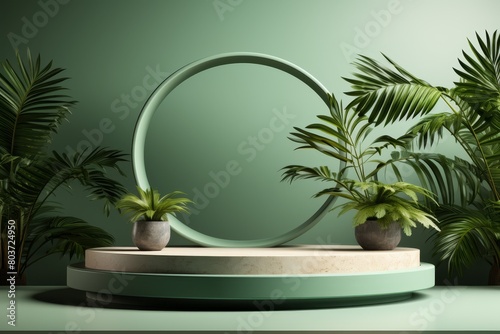 Empty product podium with mint green, crescent, plush set against abstract panoramic background with green ferns around