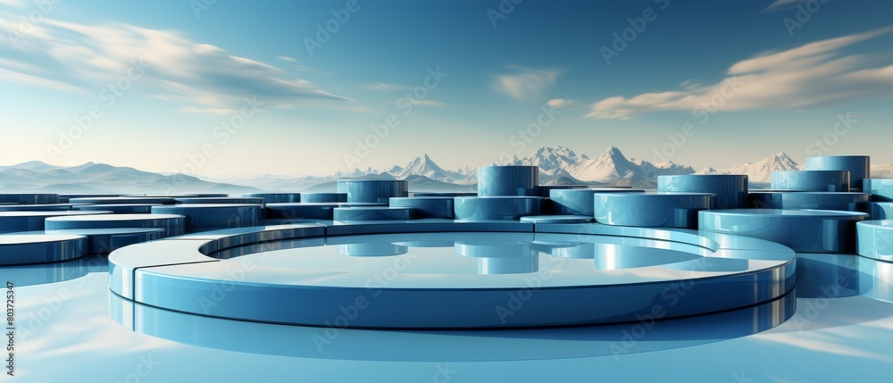 Empty product podium with sky blue, round, glossy set against abstract panoramic background with floating clouds around