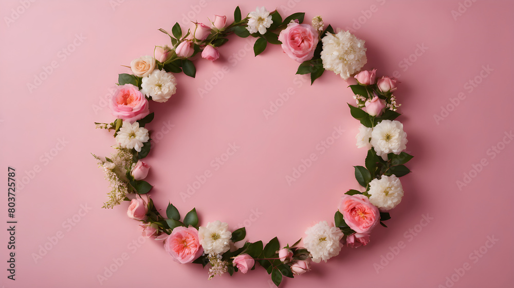Top view of white empty circle and spring flowers pink roses on pink background with copy space Top view of white empty circle and spring flowers pink roses on pink background with copy space