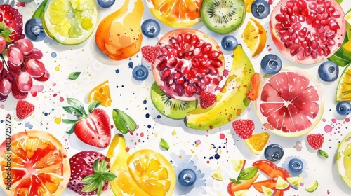 Colorful watercolor painting of various fruits