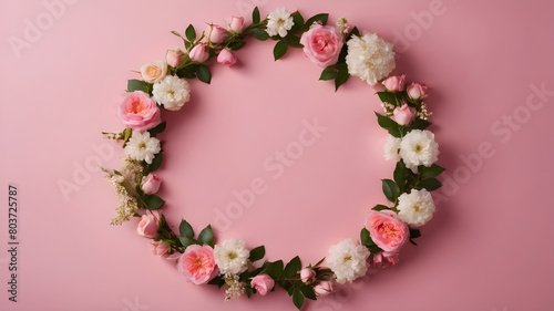 Top view of white empty circle and spring flowers pink roses on pink background with copy space © Adi