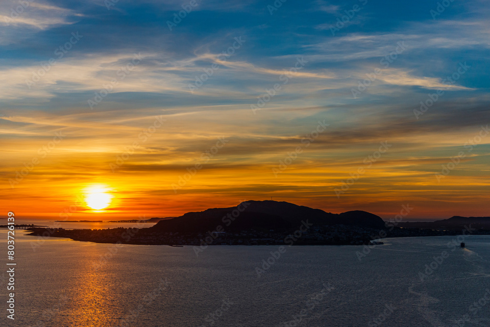 top view of Alesund during a sunset in a sunny evening, Norway