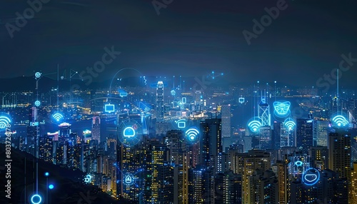 Panorama aerial view in the cityscape skyline with smart services and icons internet of things networks and augmented reality concept night scene