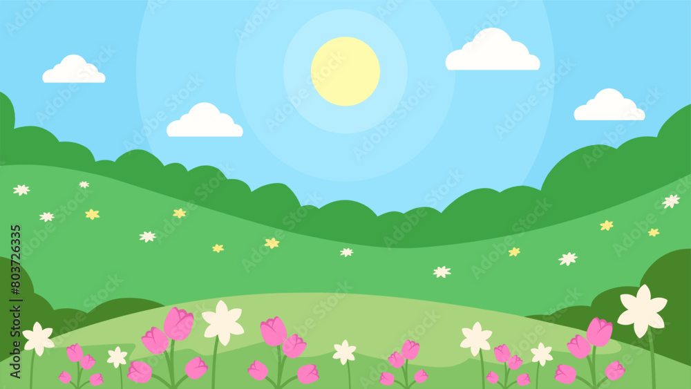 Flat landscape illustration of spring season with blooming flowers