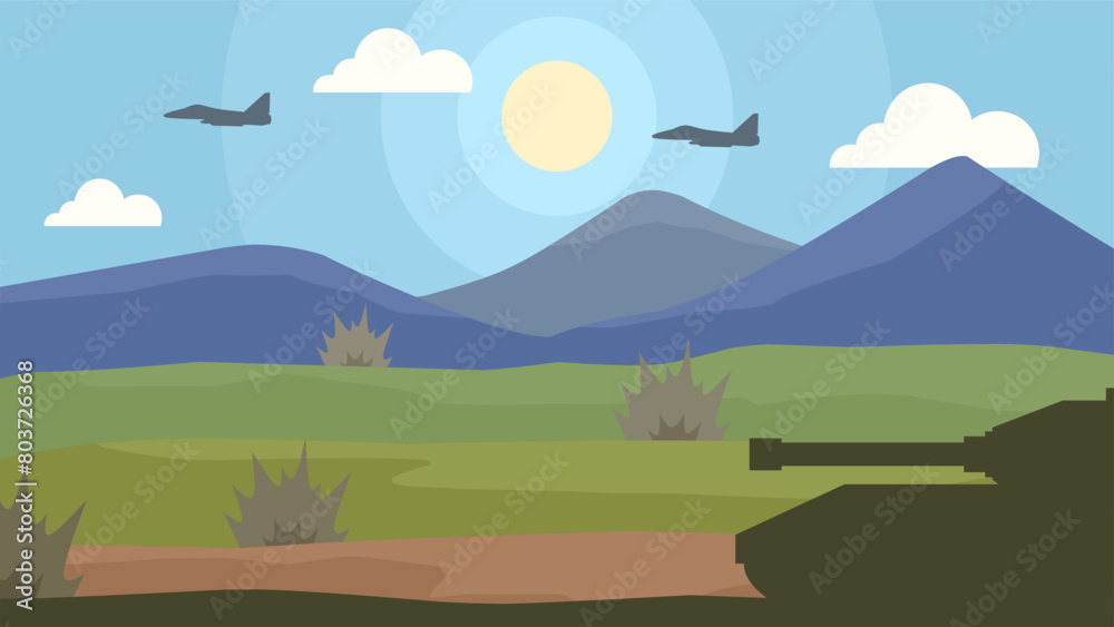 Flat landscape illustration of battlefield with military vehicle