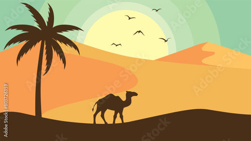 Flat landscape illustration of camel silhouette in the sand desert