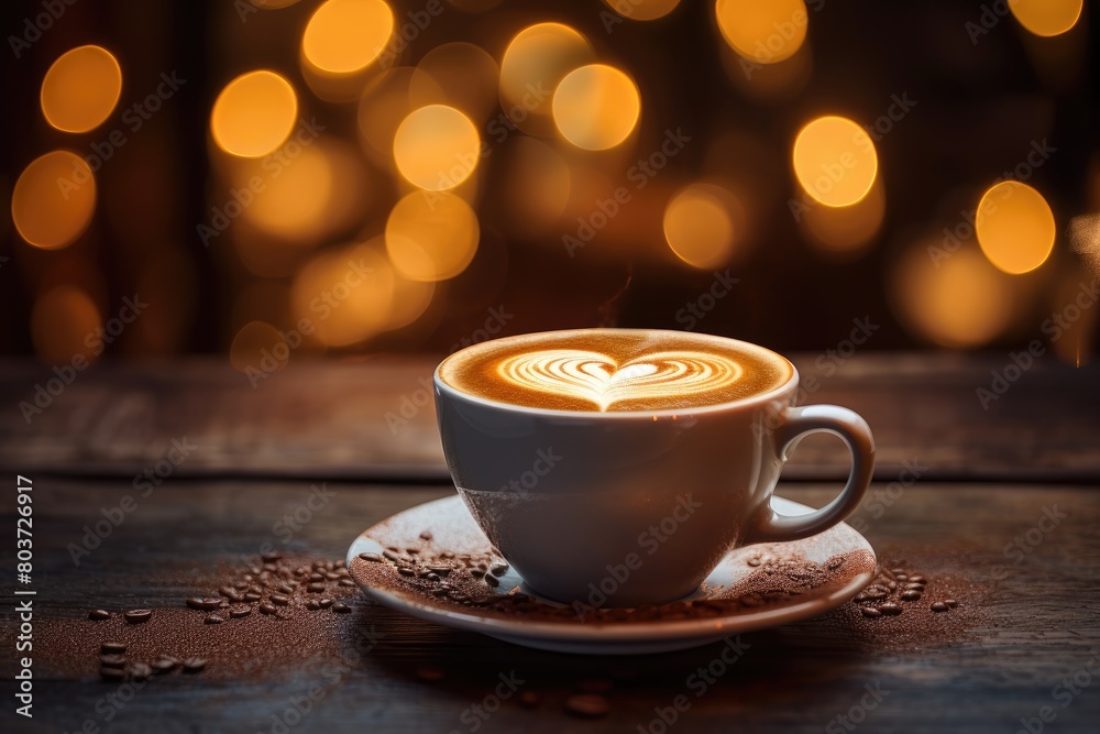 Cosmic Coffee: A steaming cup of coffee with intricate latte art, placed on a rustic table. Cosmic Coffee: A steaming cup of coffee with intricate latte art, placed on a rustic table.