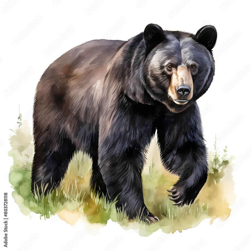 Fototapeta premium Black bear. Bear in forest clipart. Watercolor illustration. Generative AI. Detailed illustration.