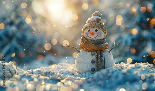 A snowman that is standing in the snow. Generative AI photo