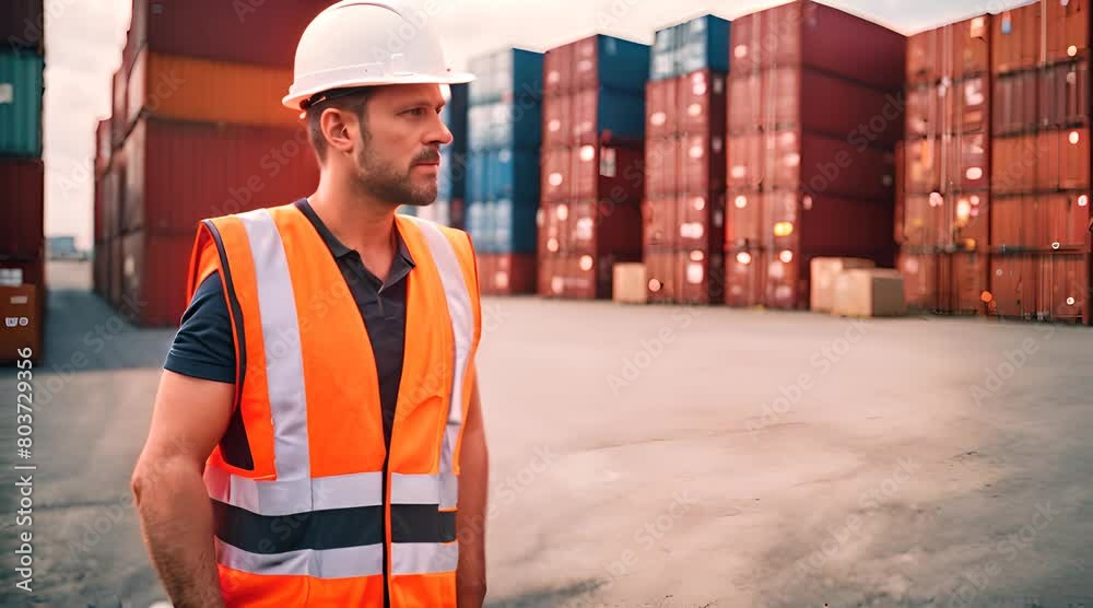 Arbeiter in Warnweste steht am Frachthafen