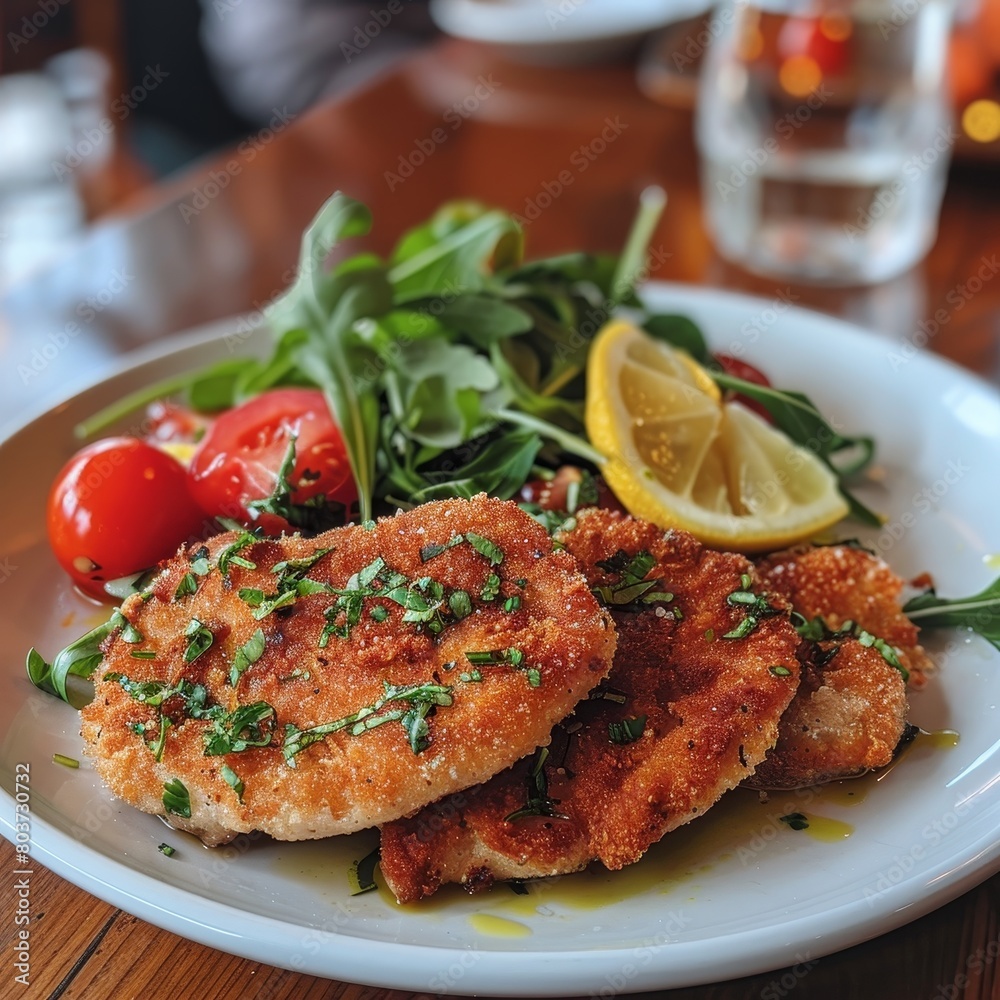 A plate of food with three pieces of fried chicken, a salad, and a lemon wedge A plate of food with three pieces of fried chicken, a salad, and a lemon wedge