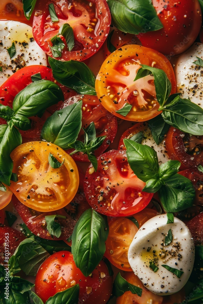 A close up of a salad with tomatoes, basil, and cheese A close up of a salad with tomatoes, basil, and cheese