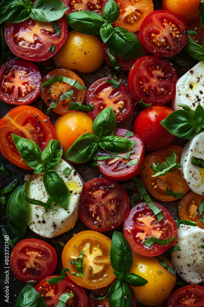 A close up of a plate of tomatoes and basil