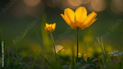 Vibrant yellow flowers blooming in a lush green field