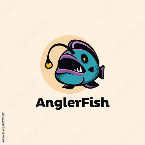 Colorful angler fish logo cartoon mascot vector template on light background