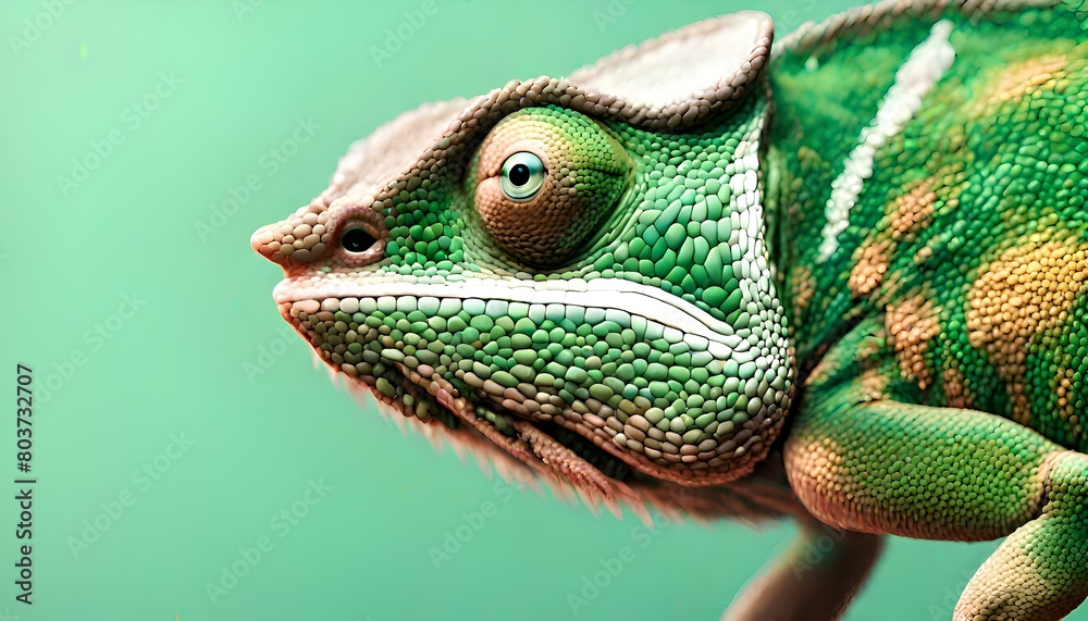 Fototapeta premium Green colored chameleon close up. Generative Ai