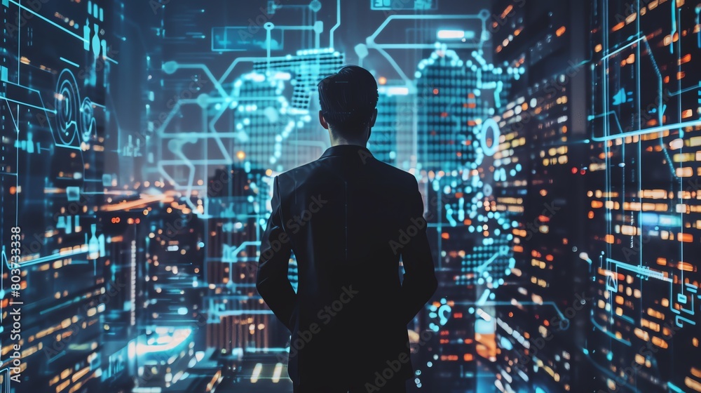 A professional looking at a futuristic city. A professional looking at a futuristic city.