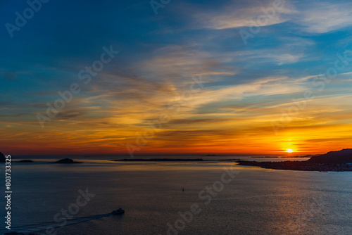 top view of a sunset over Alesund during a sunny spring evening  Norway