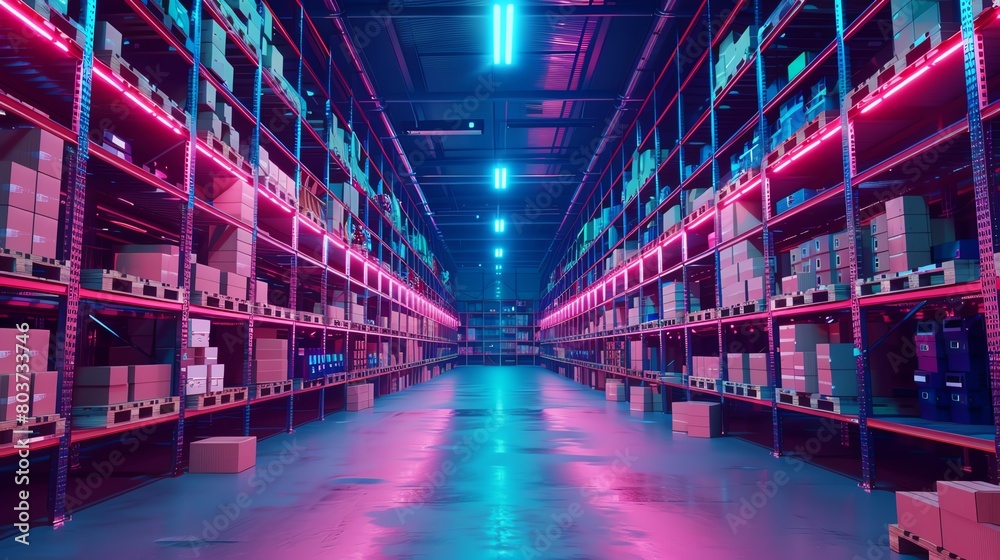 A futuristic warehouse with shelves full of glowing boxes. The shelves are lit by bright pink and blue lights, and the floor is made of reflective material.