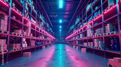 A futuristic warehouse with shelves full of glowing boxes. The shelves are lit by bright pink and blue lights  and the floor is made of reflective material.