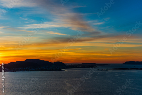 top view of a sunset over Alesund during a sunny spring evening  Norway