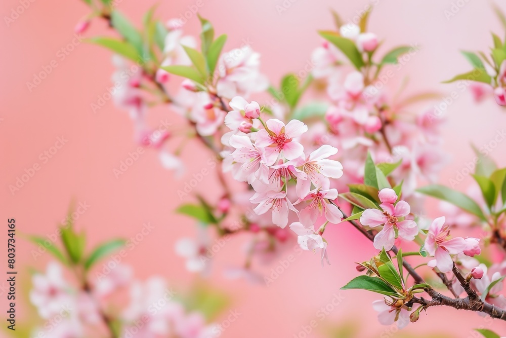 Blooming cherry blossoms on pink background