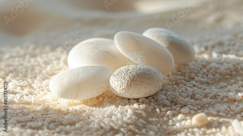 Smooth white stones on sandy beach