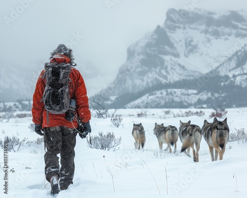 A man in an orange jacket is walking through the snow with a pack on his back photo