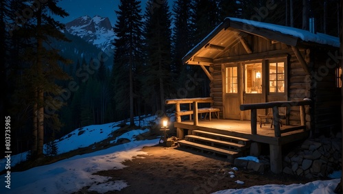 The rustic charm and cozy atmosphere of a secluded mountain hut, nestled amidst towering pines and blanketed in the soft glow of moonlight ai_generated