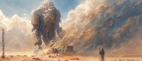 A giant rock monster is standing in the desert with a man walking behind it photo