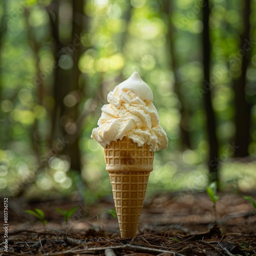Delicious ice cream cone in a forest setting