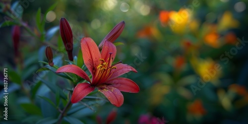 Vibrant red lily flower in garden