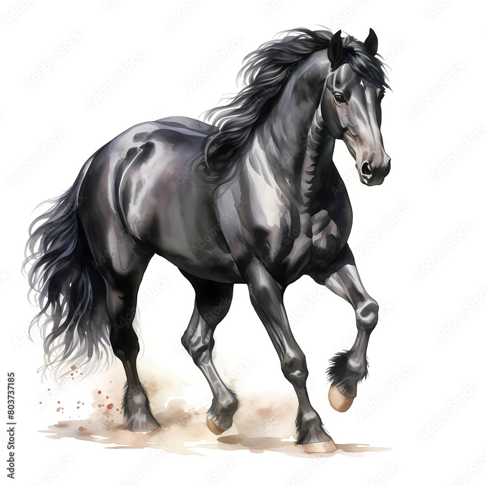 Obraz premium Black horse. Black stallion. Elegant horse clipart. Watercolor illustration. Generative AI. Detailed illustration.