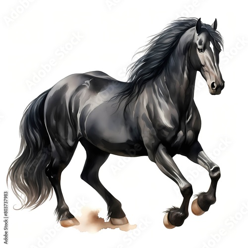 Black horse. Black stallion. Elegant horse clipart. Watercolor illustration. Generative AI. Detailed illustration.