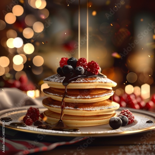 Delicious pancake stack with fresh berries and syrup