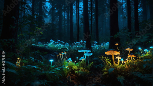 an image of a mystical  enchanted forest bathed in the soft glow of bioluminescent plants - AI Generative 