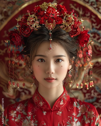 A woman in traditional Chinese attire, symbolizing strength and beauty during a festive New Year scene