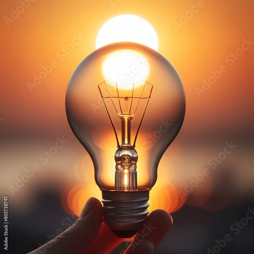 Close up of human hand holding light bulb over blurred nature background generated by ai