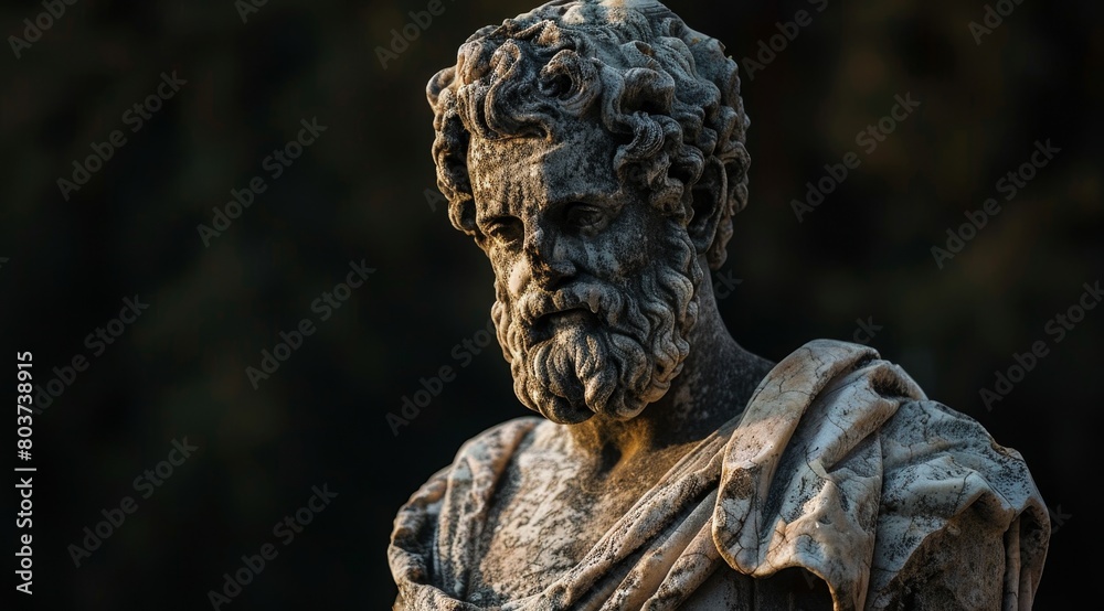 ancient stone sculpture of a pensive figure