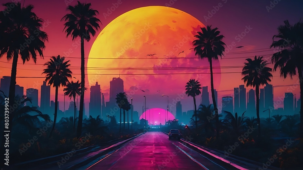 sunset over the city Synthwave Sunset Retro-futuristic Cityscape