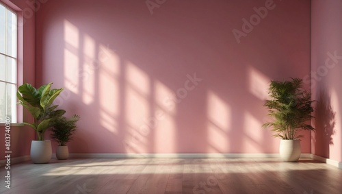 Pastel pink room with curtains  potted plants and light shadow from the window  front view. Modern minimalist background for product presentation or display