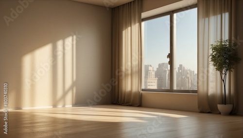 Empty beige room with large window  curtains  potted plant and light shadow from the window  front view. Modern minimalist background for product presentation or display