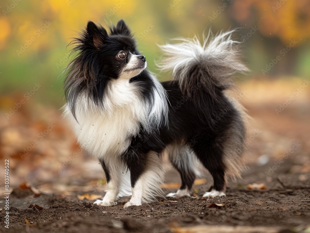 Fluffy black and white dog standing in autumn leaves