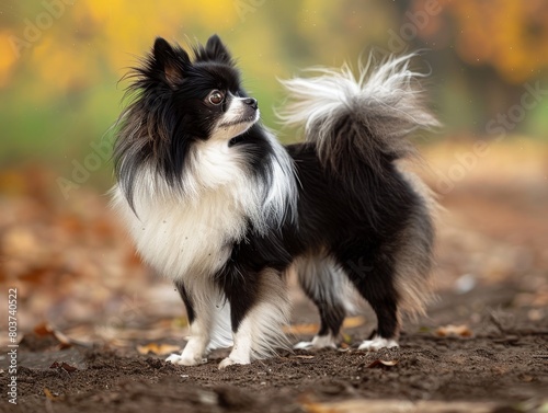 Fluffy black and white dog standing in autumn leaves
