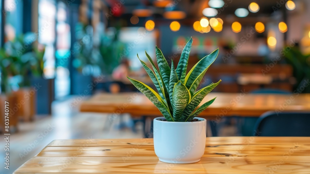 Potted snake plant on wooden table with bokeh lights Potted snake plant on wooden table with bokeh lights