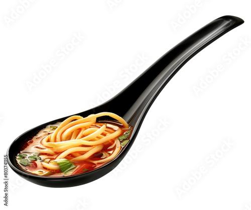 Black spoon with noodles soup isolated on transparent background © Aleksandr Bryliaev