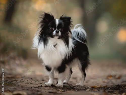 Cute black and white dog standing on forest floor