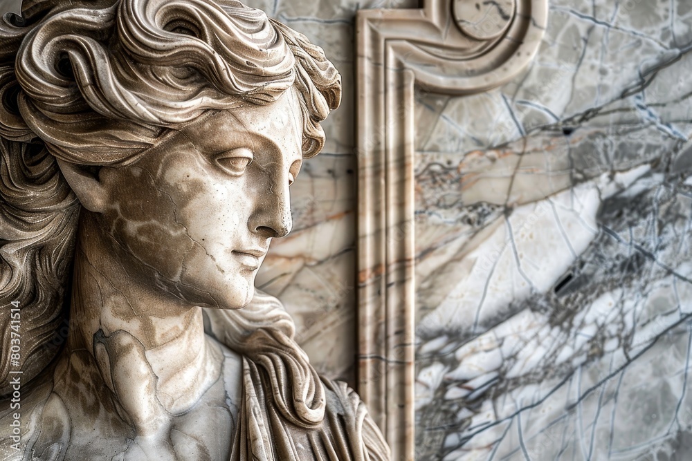 Detailed sculpture of a classical figure against a marble background