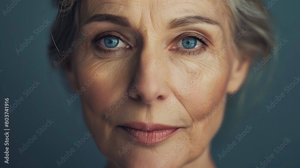 A close-up of an elegant middle-aged or elderly woman's face with wrinkles. Frontal view, facing the camera. isoalted on dark gray background. A close-up of an elegant middle-aged or elderly woman's face with wrinkles. Frontal view, facing the camera. isoalted on dark gray background.